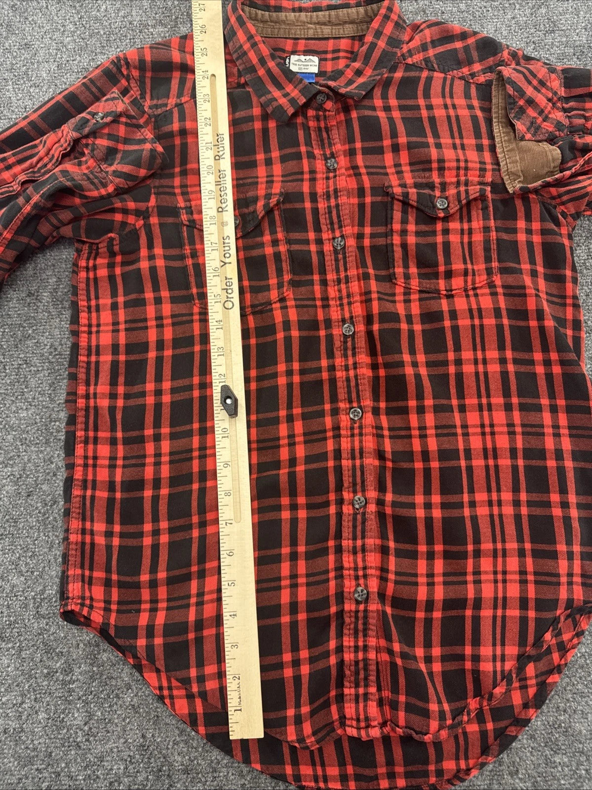 KAVU Women's M Red Black Plaid Flannel Shirt Corduroy Elbow Patches Outdoor