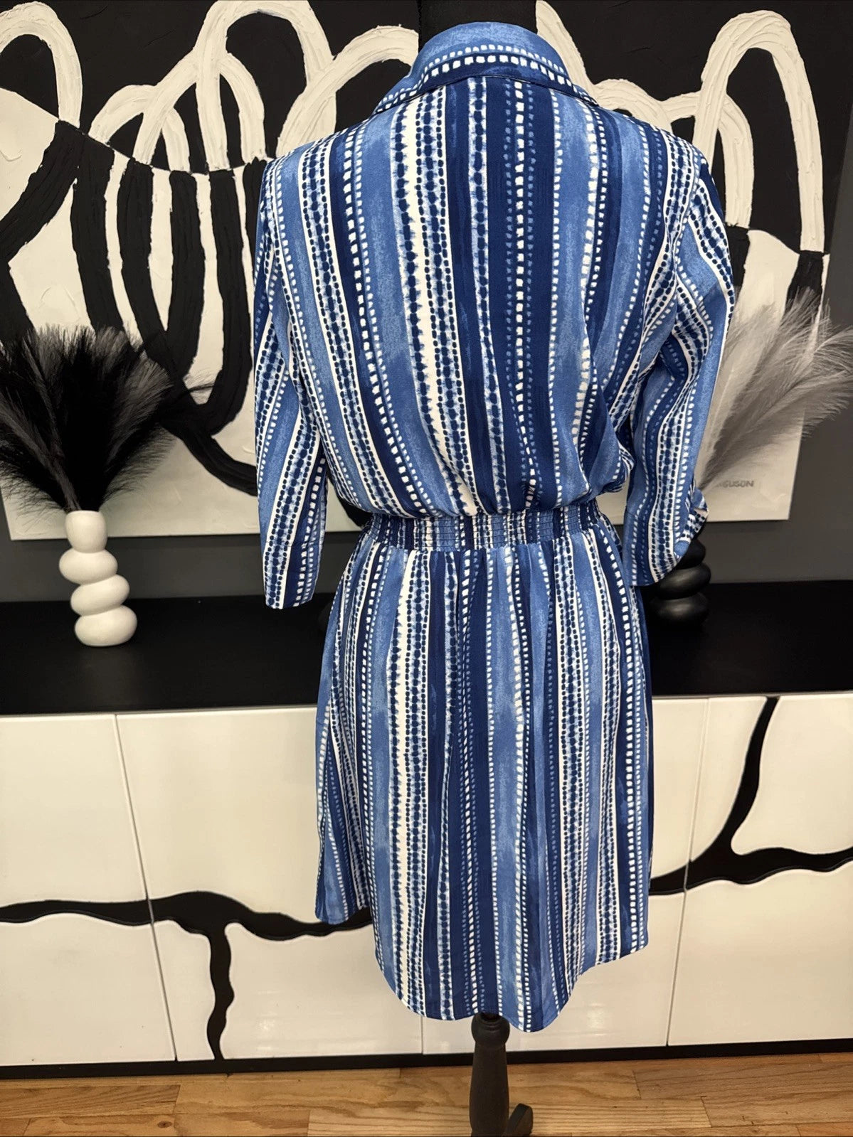 Millenium Blue Stripe Shirt Dress Belted Women's Small Roll Tab Sleeve
