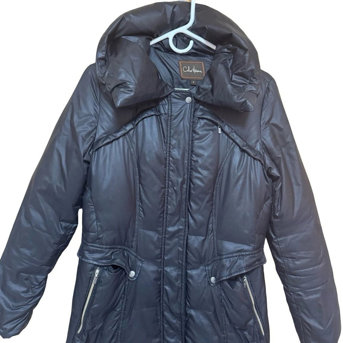 Cole Haan Down Puffer Coat Women’s S Black Detachable Hood Flawed