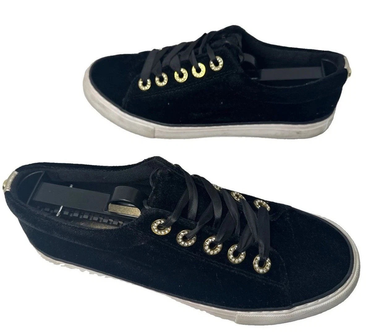 Lilly Pulitzer Black Velvet Sneakers Women 7.5 Gold Rhinestone Ribbon Lace