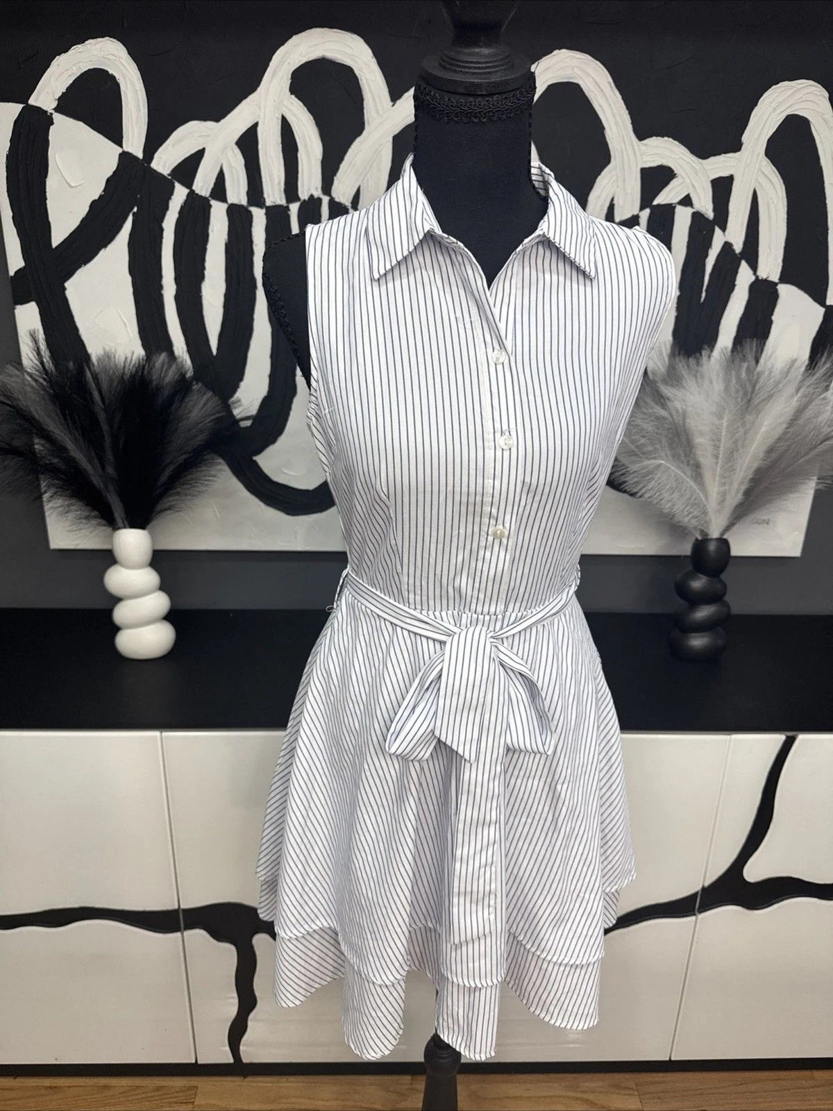 Love Notes Blue White Striped Shirt Dress Women's Large Sleeveless Belted Mini