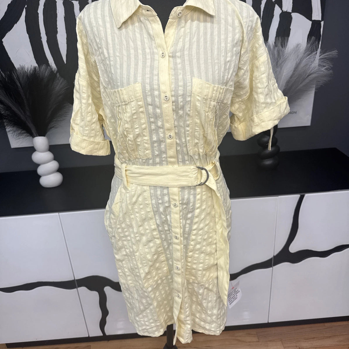 ASOS Design Yellow Seersucker Shirt Mini Dress Women's 6 NWT D Ring Belt