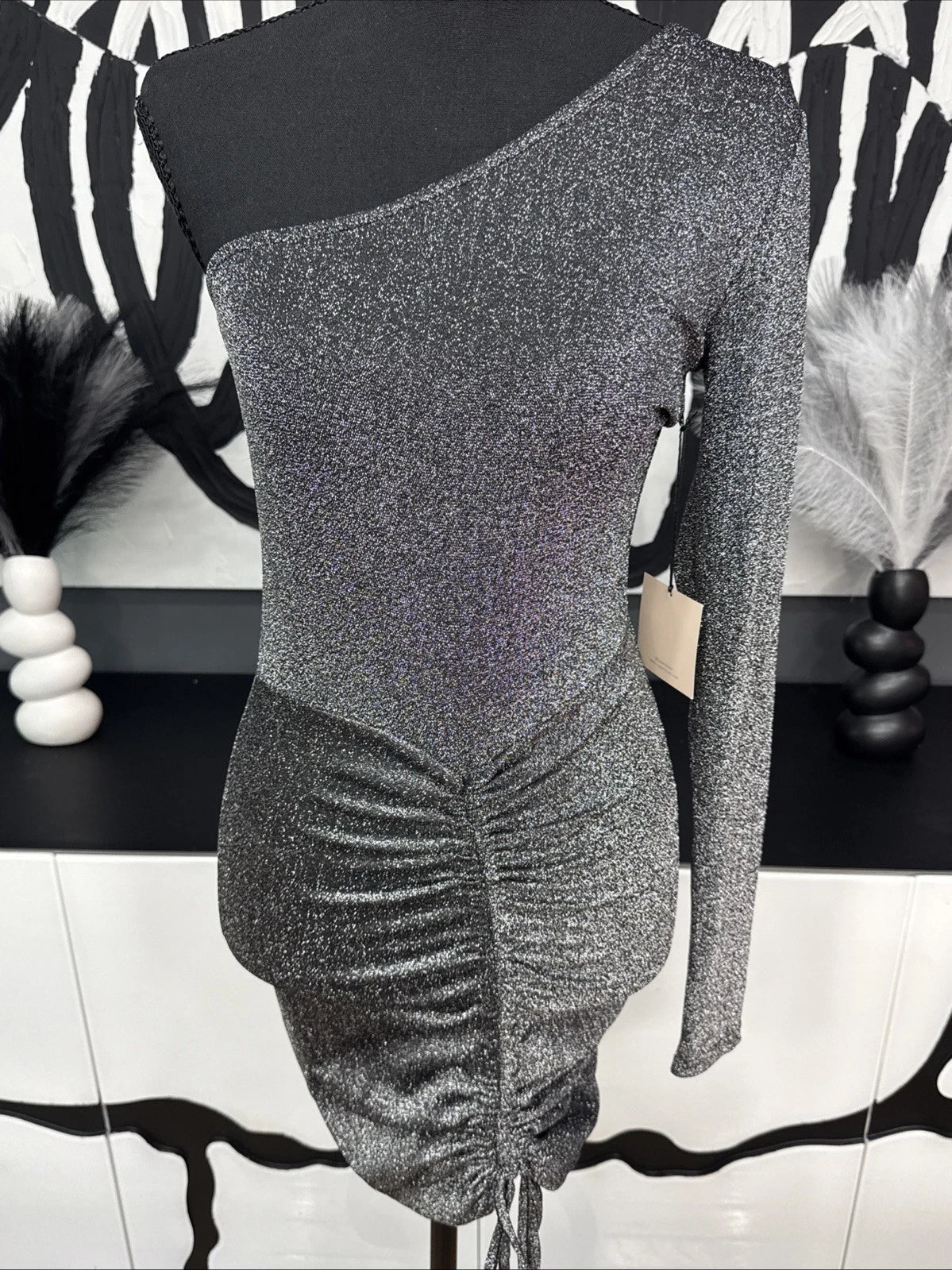 Superdown Silver Metallic One Shoulder Ruched Mini Dress Women’s Small