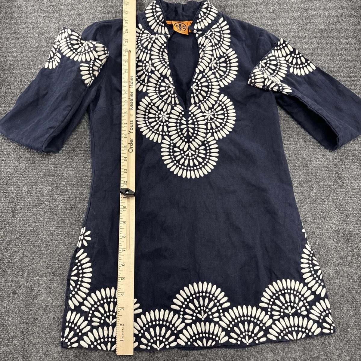 Tory Burch Odelia Linen Tunic Dress Women’s 2 Navy Embroidered Resort Boho