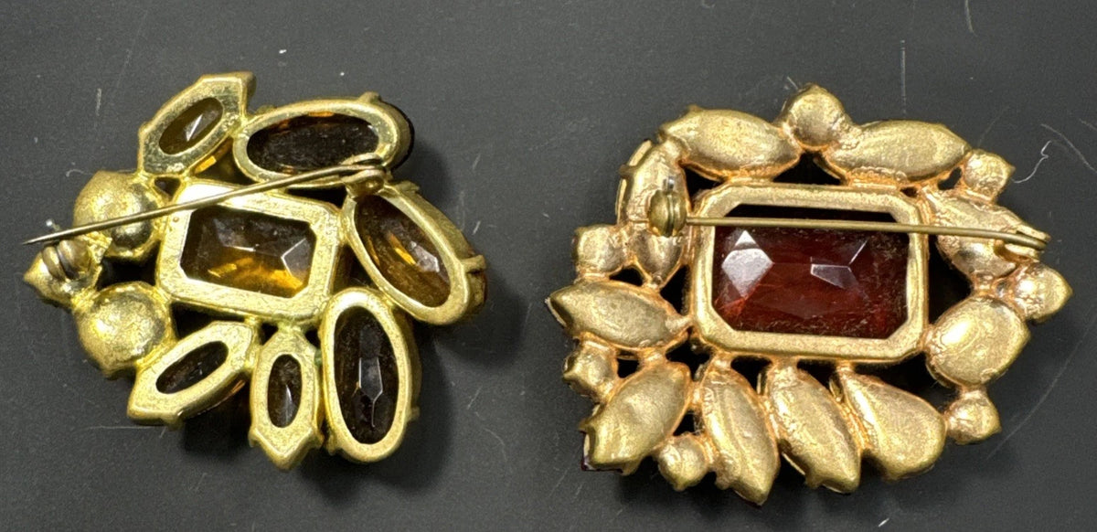 Lot 2 Vintage Czech Glass Brooches Red Amber Yellow Brown Rhinestone Pins