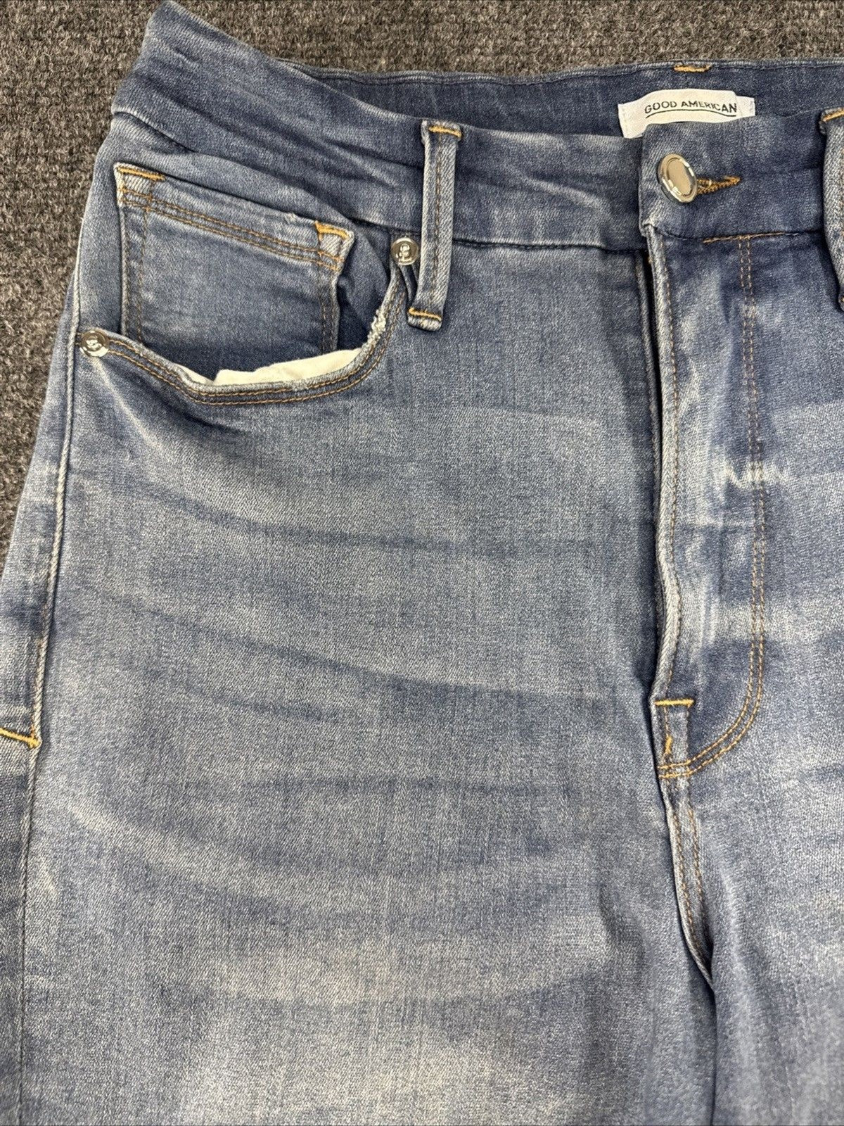Good American Good Waist Jeans Women 12/31 Blue Raw Frayed Hem Stretch