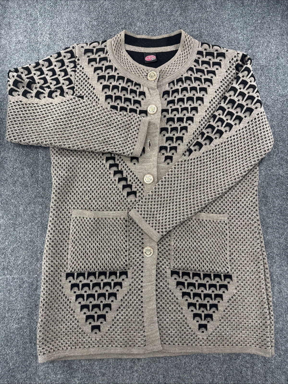Vintage 90s Biruni Knit Cardigan Women’s M/L Geometric Pockets Turkey