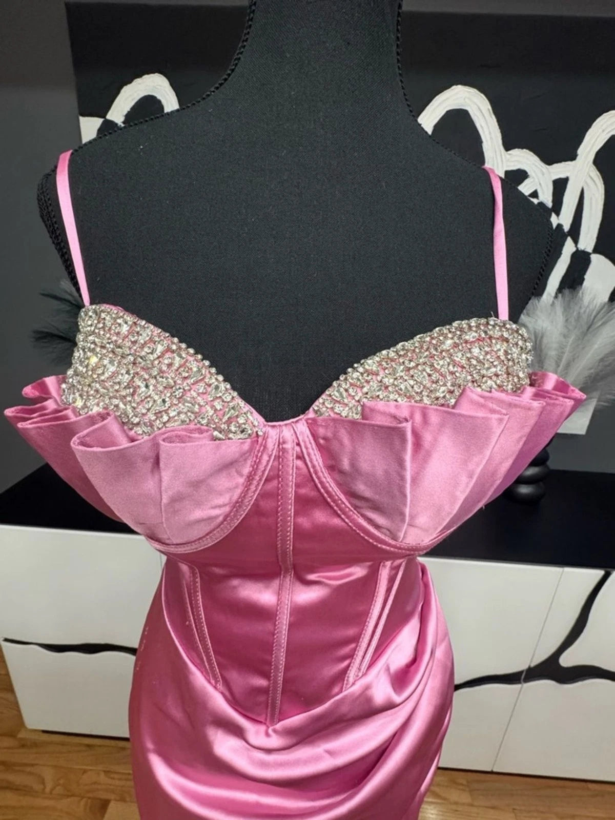 Ladivine Pink Satin Corset Gown Women's 6 Crystal Straps High Slit Formal
