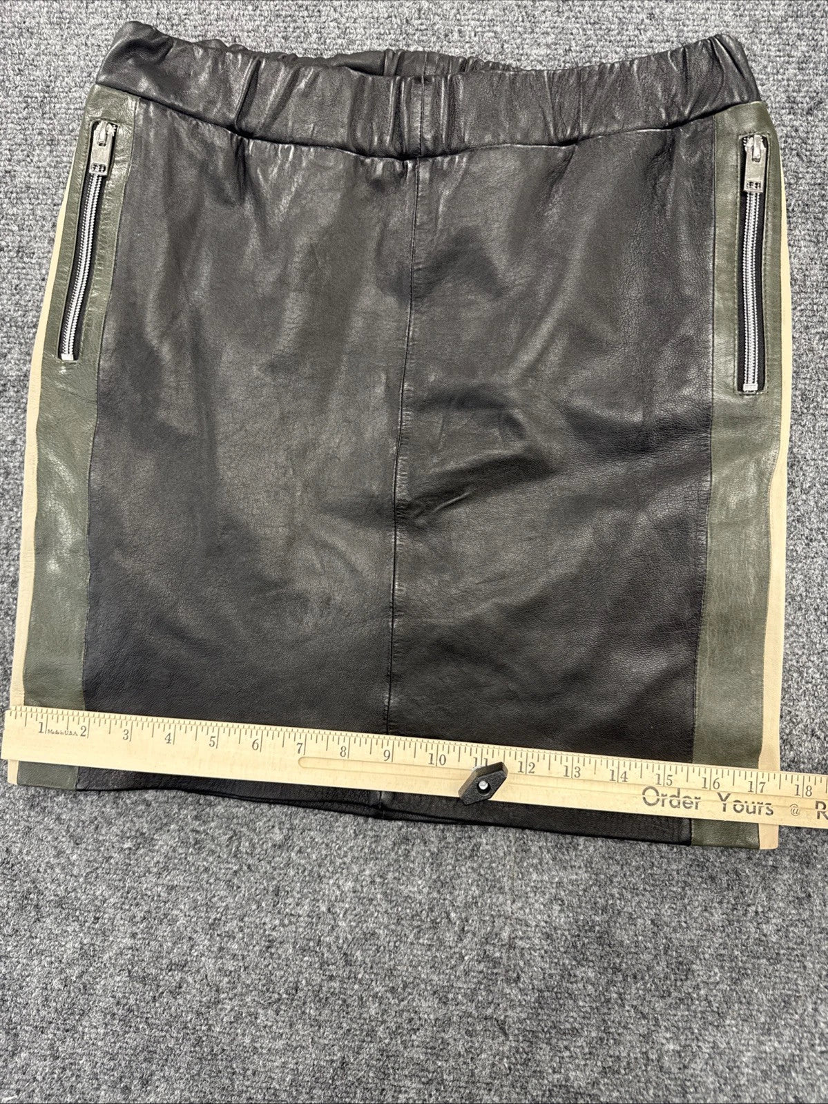 Mauritius Genuine Leather Mini Skirt Womens S Black Olive Tan Colorblock Zip