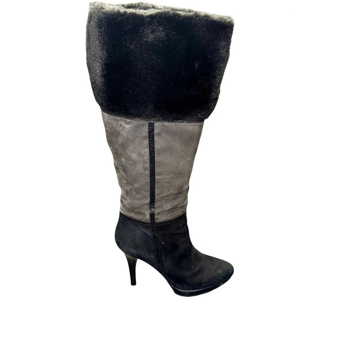 B Makowsky Knee High Platform Boots Women’s 7 Gray Black Leather Side Zip EUC