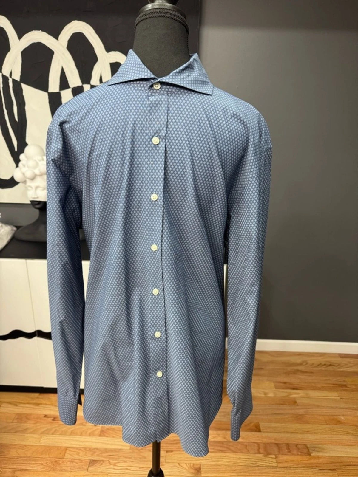 Michael Bastian Mens L Blue Micro Print Slim Fit Dress Shirt 16.5 Cotton