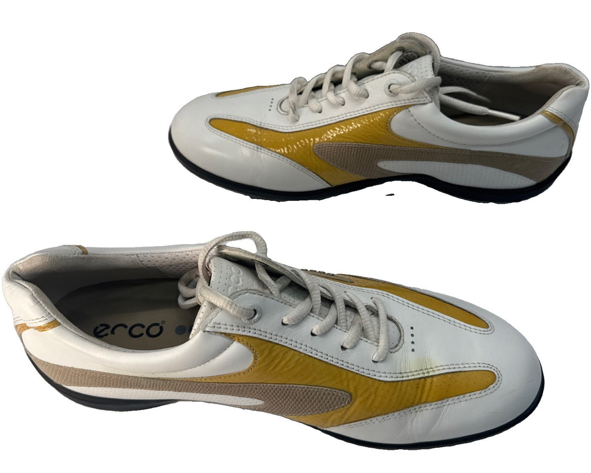 ECCO Hydromax Golf Shoes Men 41 US 7-7.5 White Yellow Leather Spiked Cleats