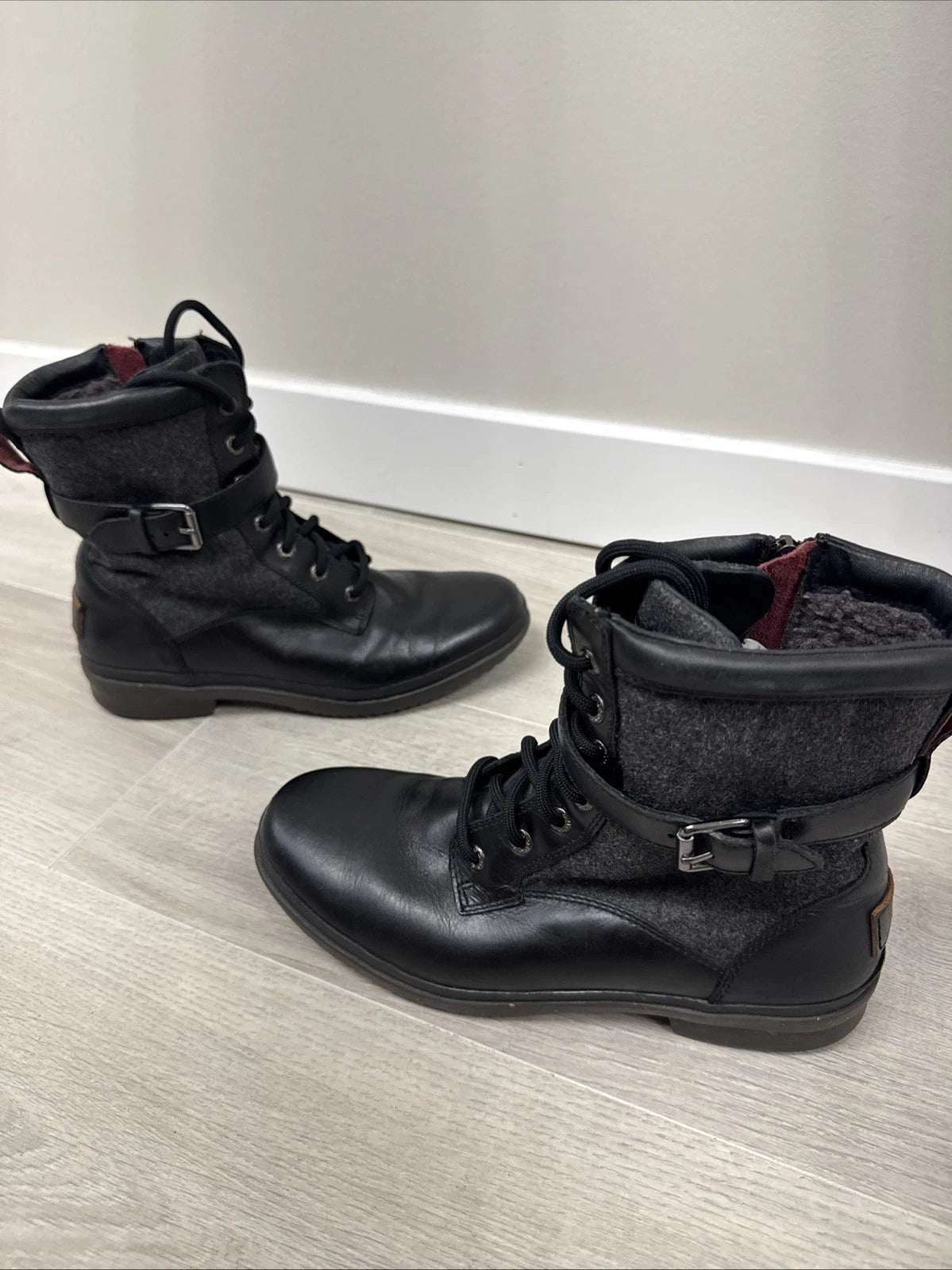 UGG Kesey Boots Women 8 Black Leather Wool Waterproof Lace Up 1005264