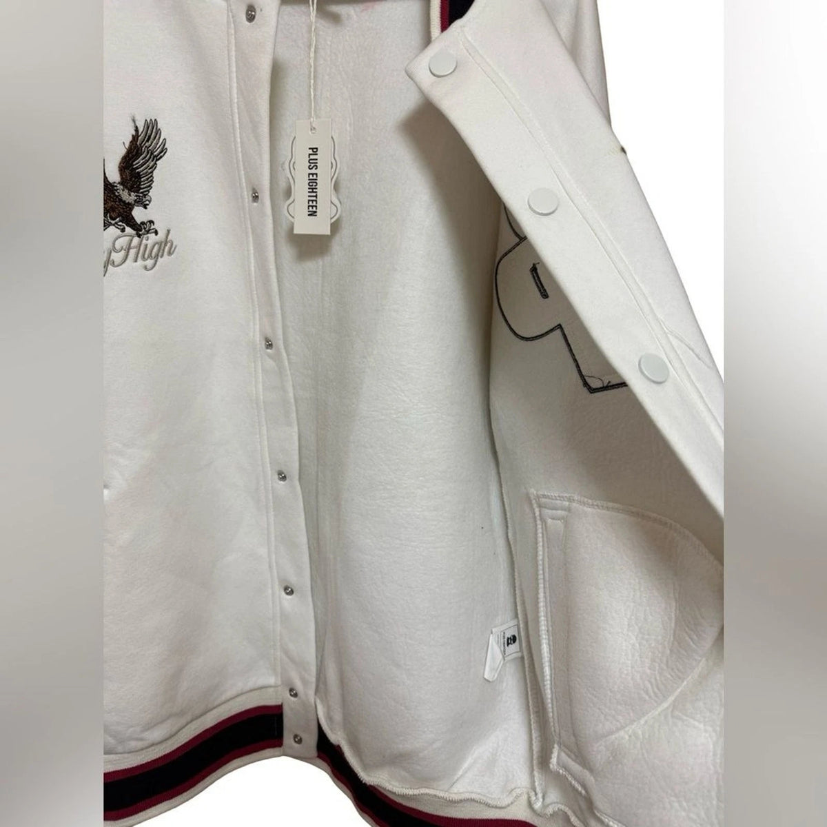 Plus Eighteen Varsity Jacket Men's Large White Black Red Baseball Letterman NWT