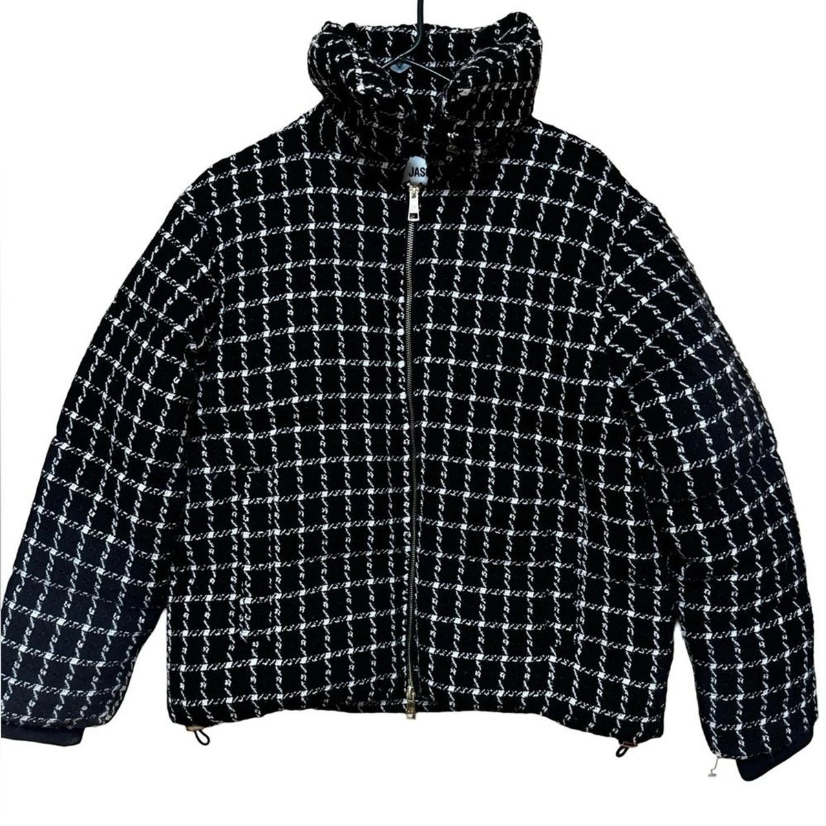 Jason Wu Women’s L Black White Tweed Check Puffer Jacket Gold Zip NWT