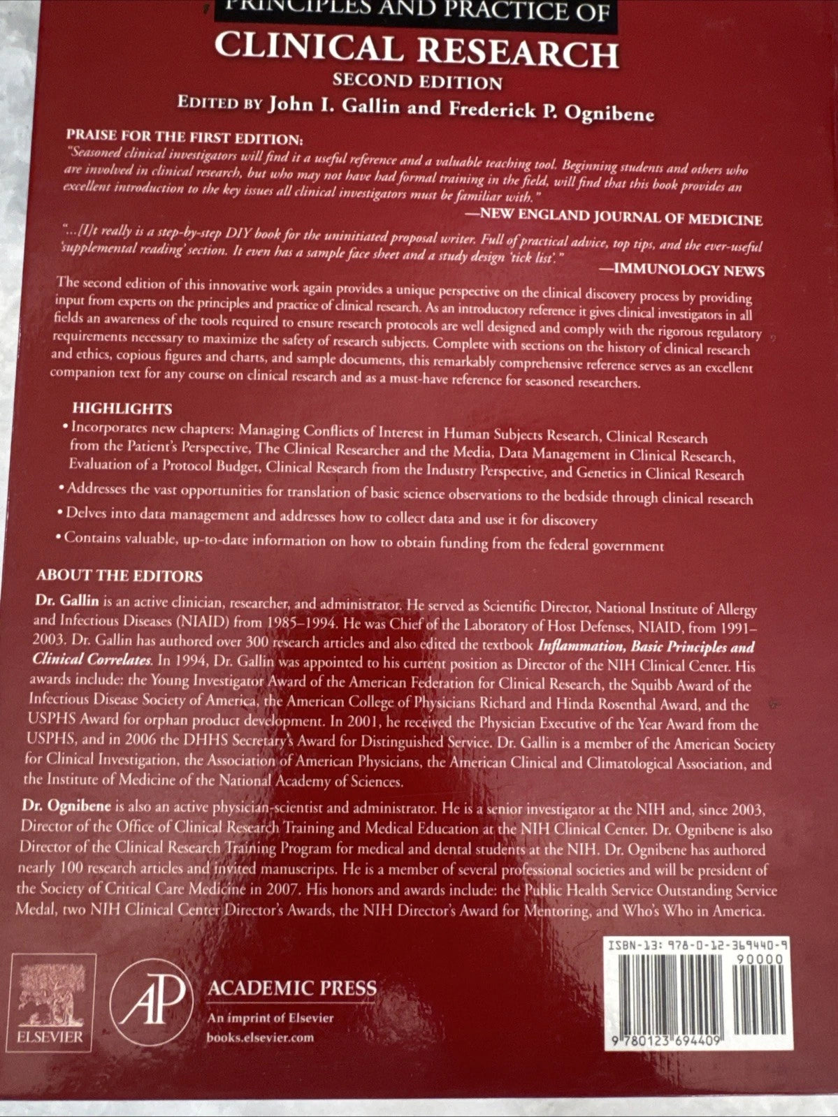 Principles and Practice of Clinical Research 2nd Ed Gallin Ognibene Hardcover