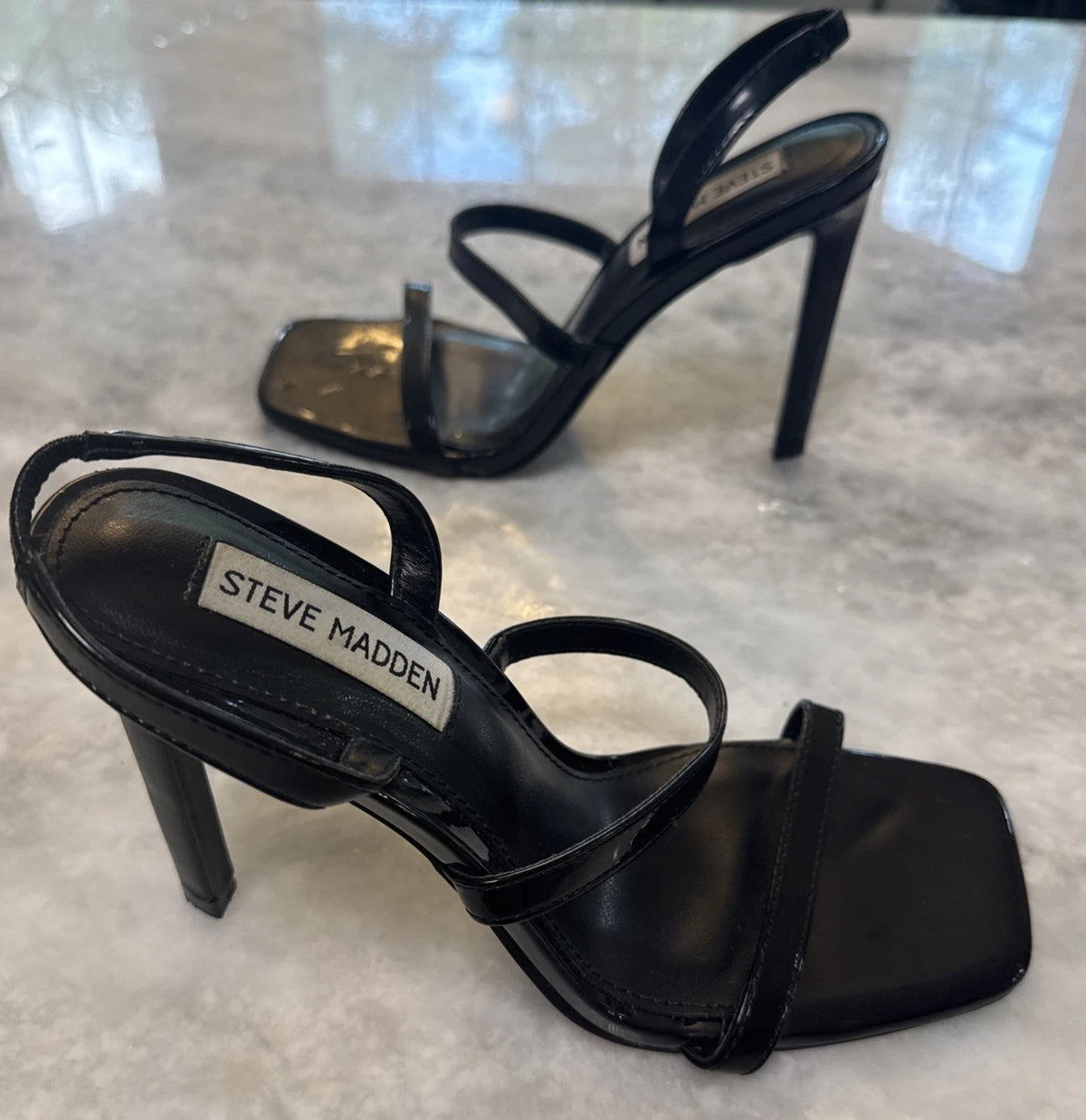 STEVE MADDEN Gracey Black Square Toe Stiletto Heeled Sandal 6.5 EUC