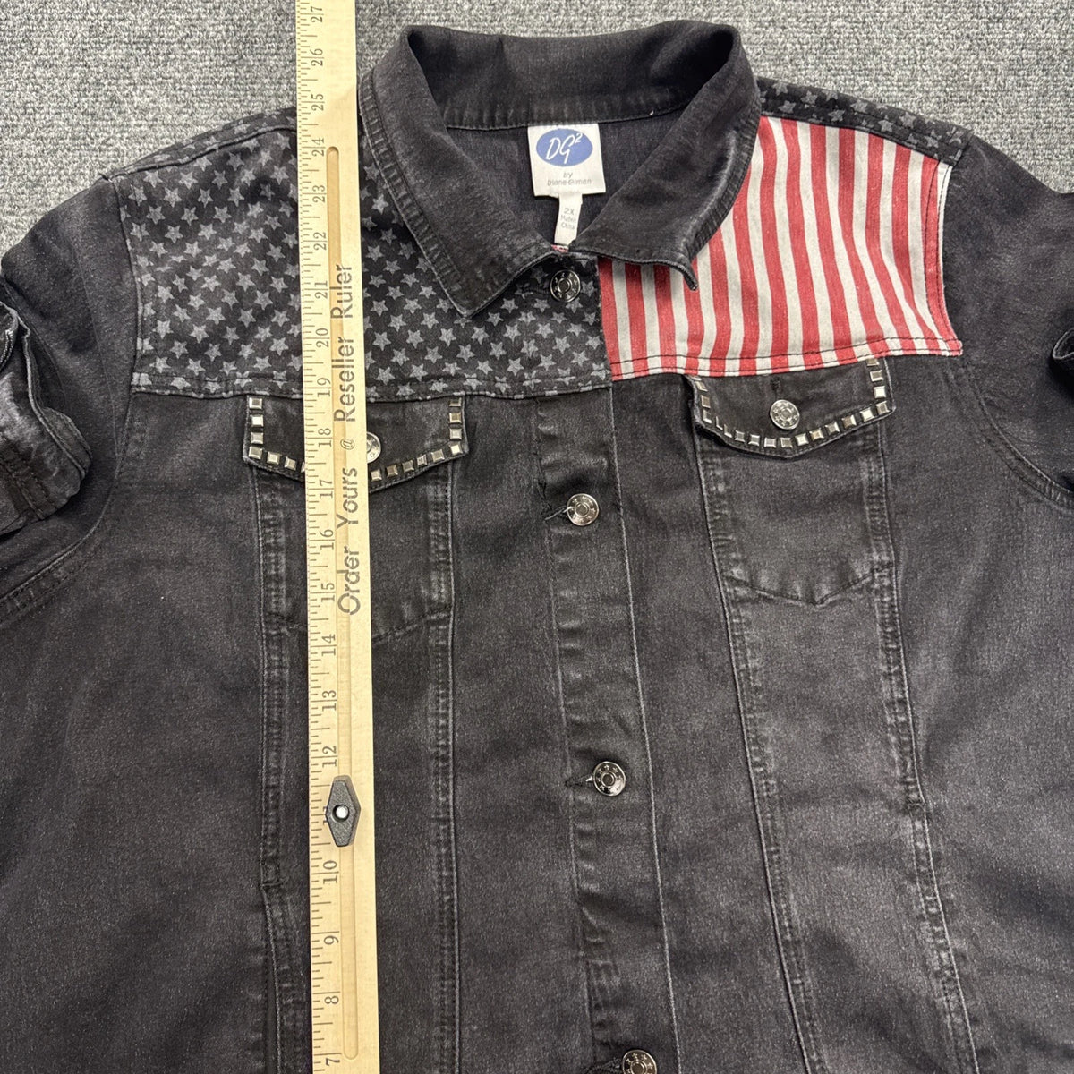 DG2 Diane Gilman Womens 2X American Flag Denim Jacket Black Studded Patriotic