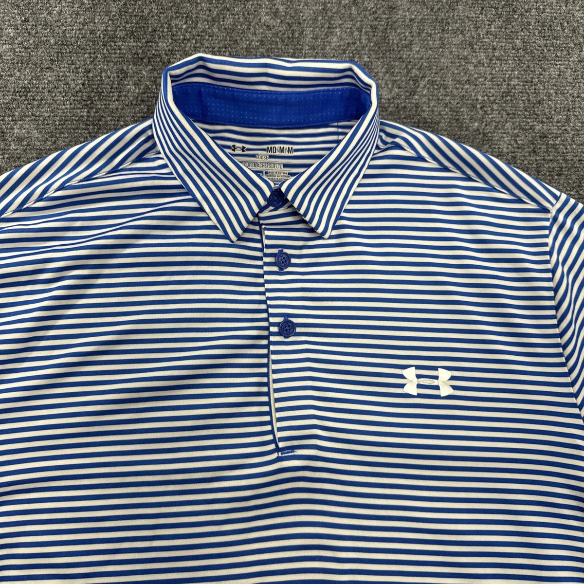 Under Armour HeatGear Blue White Striped Golf Polo Shirt Men Medium Loose Fit