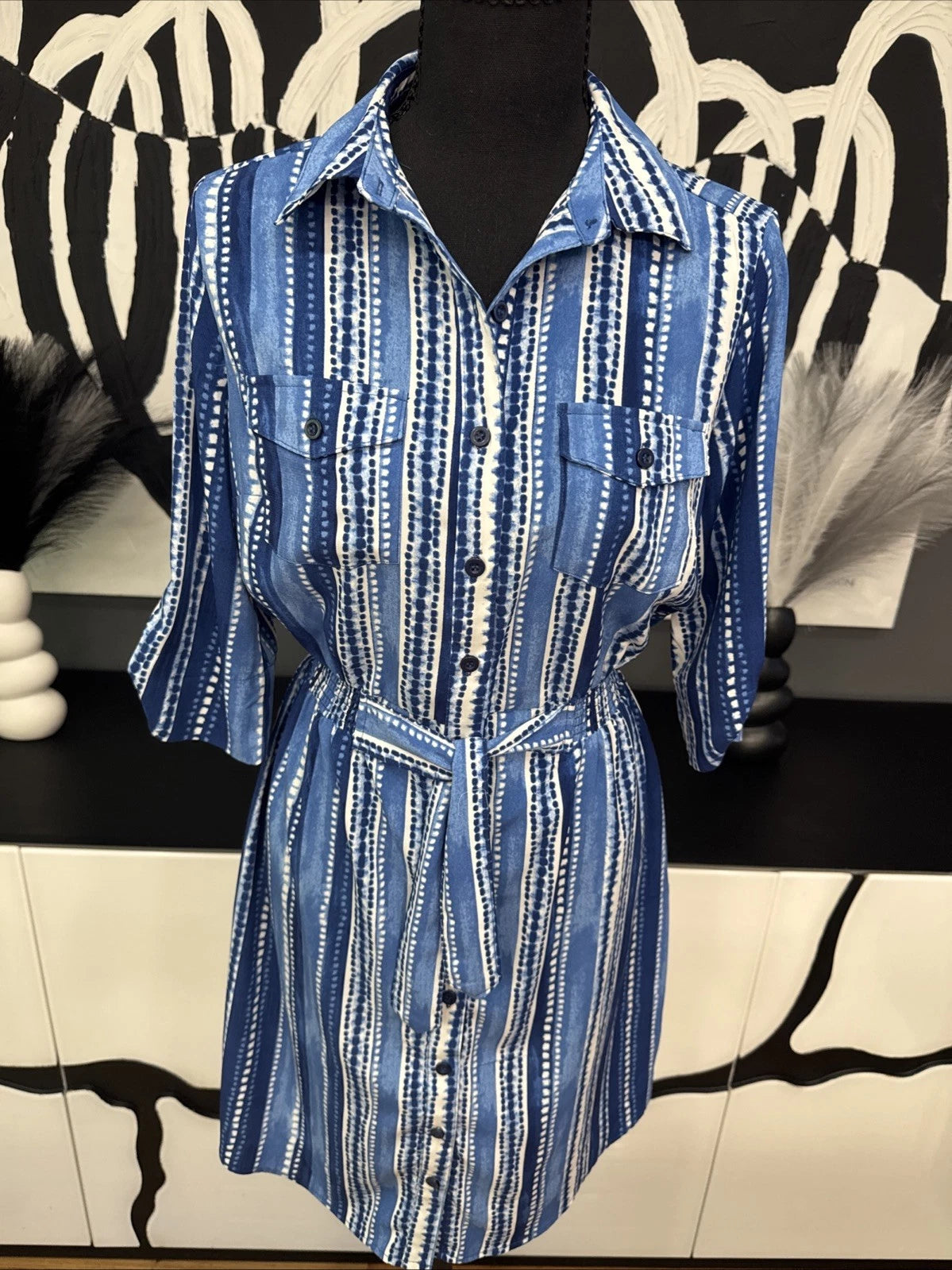 Millenium Blue Stripe Shirt Dress Belted Women's Small Roll Tab Sleeve