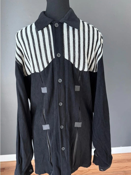 Boogie Boogie Italy Mens M Black Striped Knit Shirt Jacket Vintage Y2K