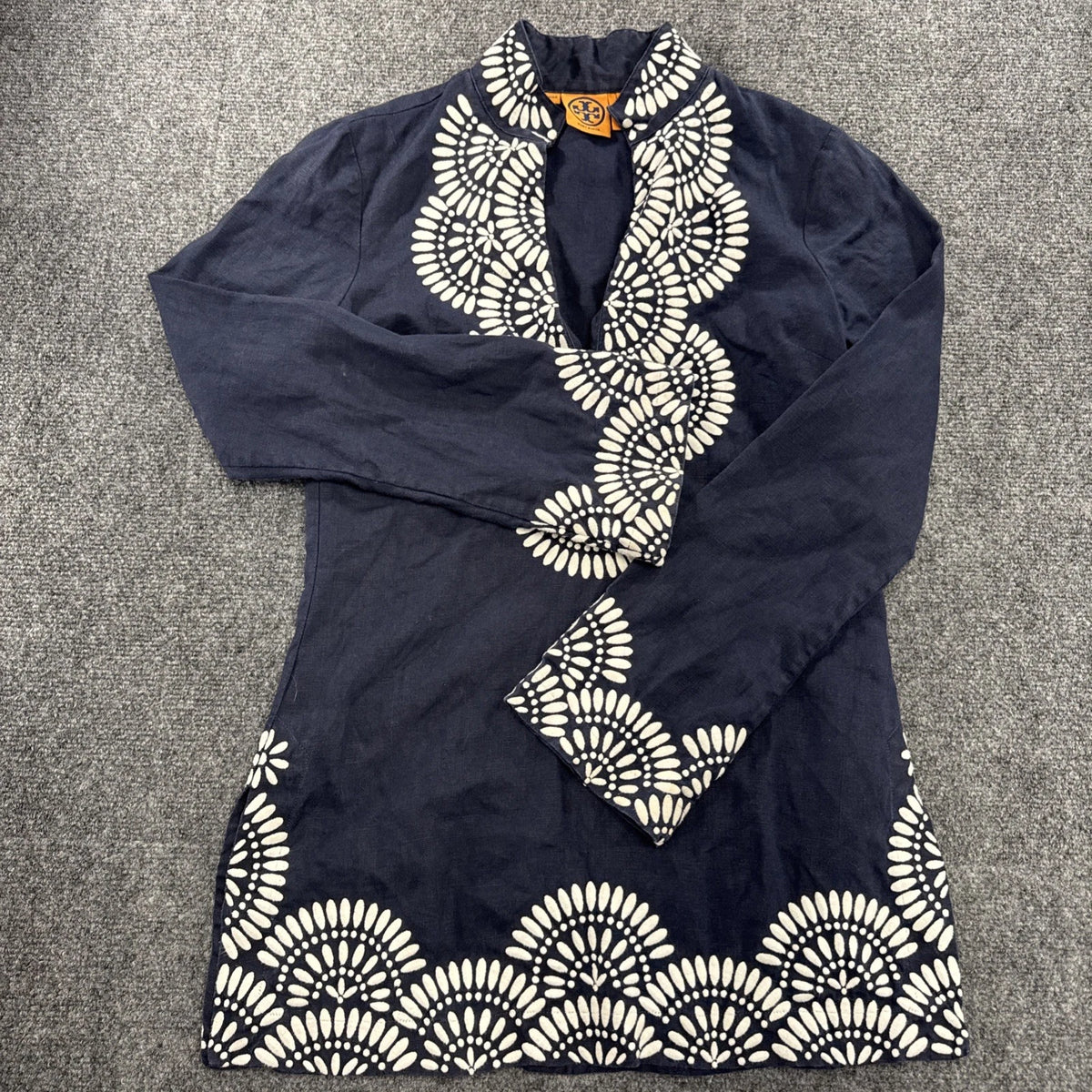 Tory Burch Odelia Linen Tunic Dress Women’s 2 Navy Embroidered Resort Boho