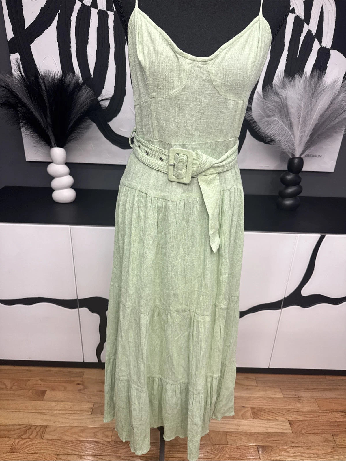 ASOS DESIGN Green Linen Blend Midi Dress Women's US 6 Belted Sundress Boho