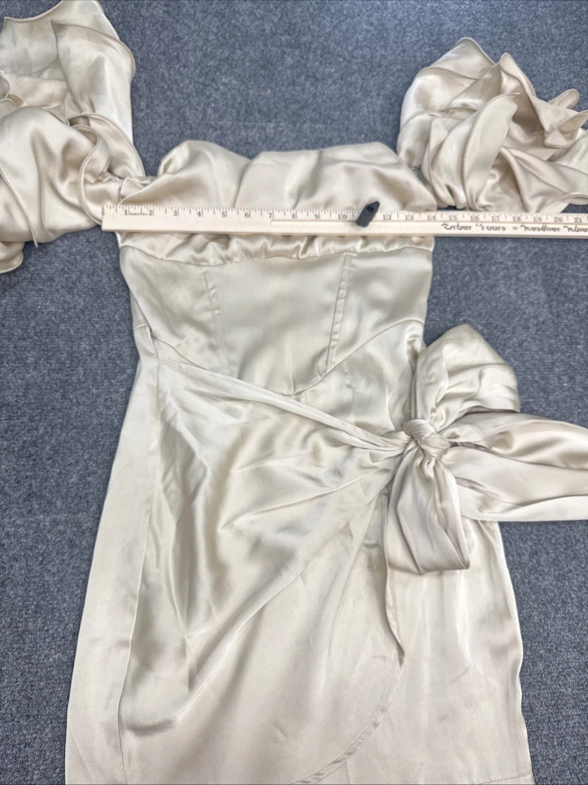 PrettyLittleThing Satin Off Shoulder Mini Dress Women’s US 4 Champagne Ruffle