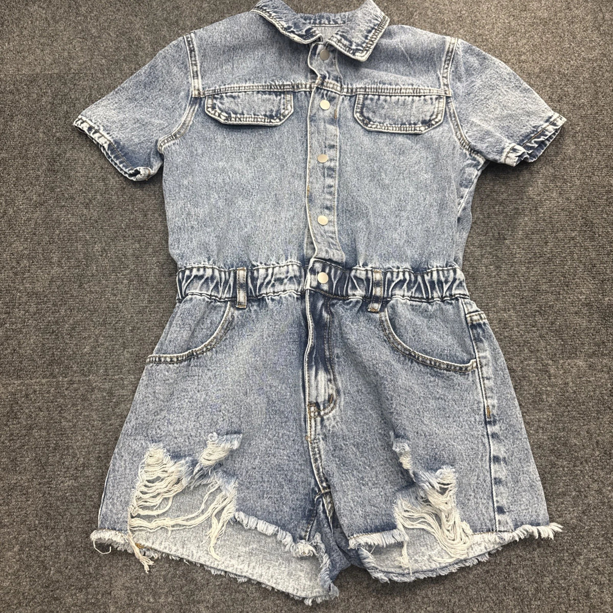 Shein Denim Romper Womens Medium Blue Button Front Shorts Jumpsuit Casual Summer