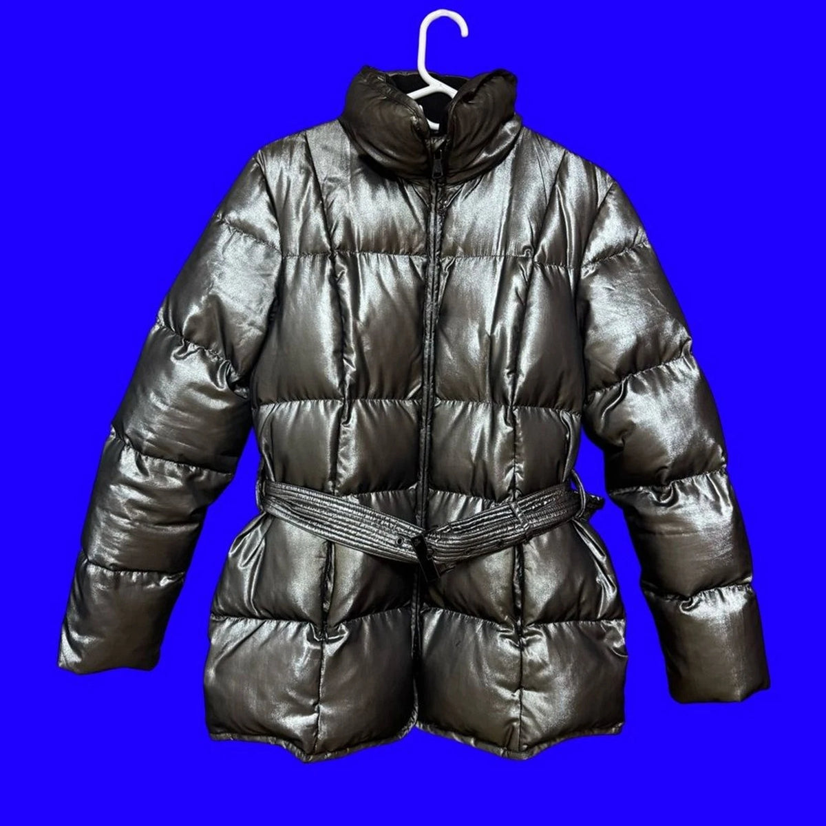 Lauren Ralph Lauren Womens M Gray Silver Belted Down Puffer Jacket Shiny