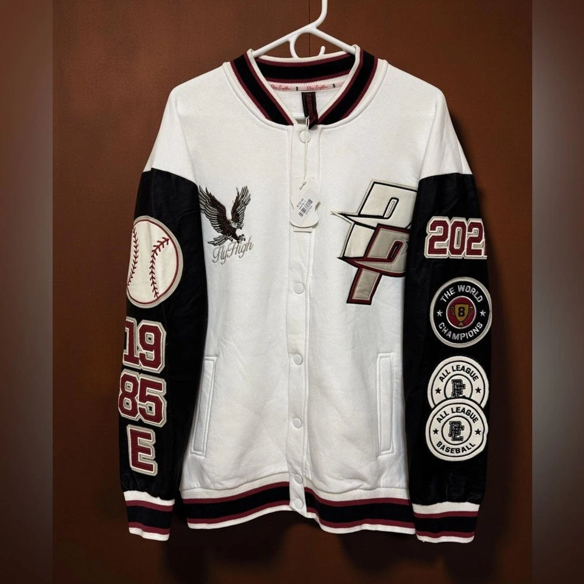 Plus Eighteen Varsity Jacket Men's Large White Black Red Baseball Letterman NWT