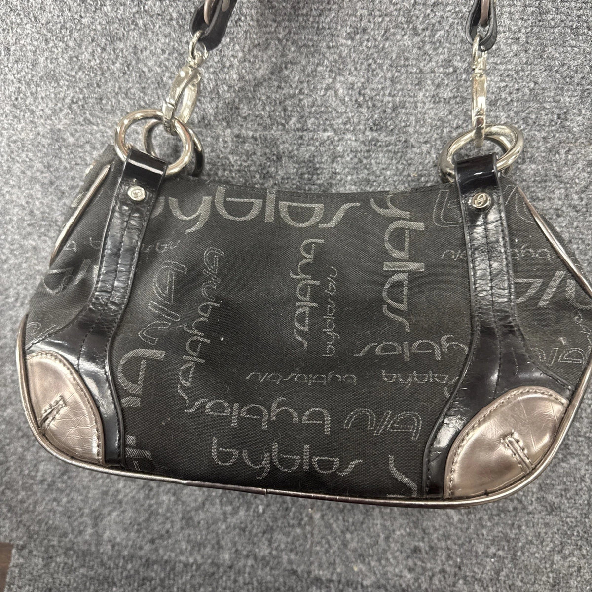 Byblos Y2K Monogram Shoulder Bag Black Jacquard Patent Leather Logo Purse