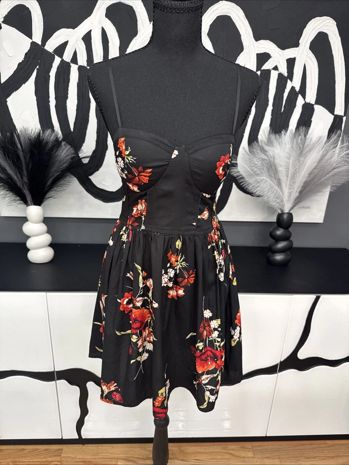 Band of Gypsies Floral Bustier Fit & Flare Dress Black Women's Small