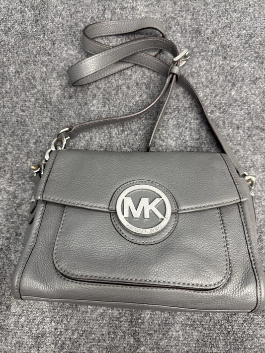 Michael Kors Fulton Gray Pebbled Leather Crossbody Shoulder Bag Large MK EUC