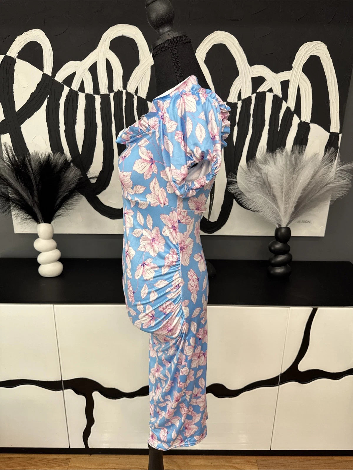 Boohoo Maternity Blue Pink Floral Off Shoulder Ruched Midi Dress Size 8 NWT