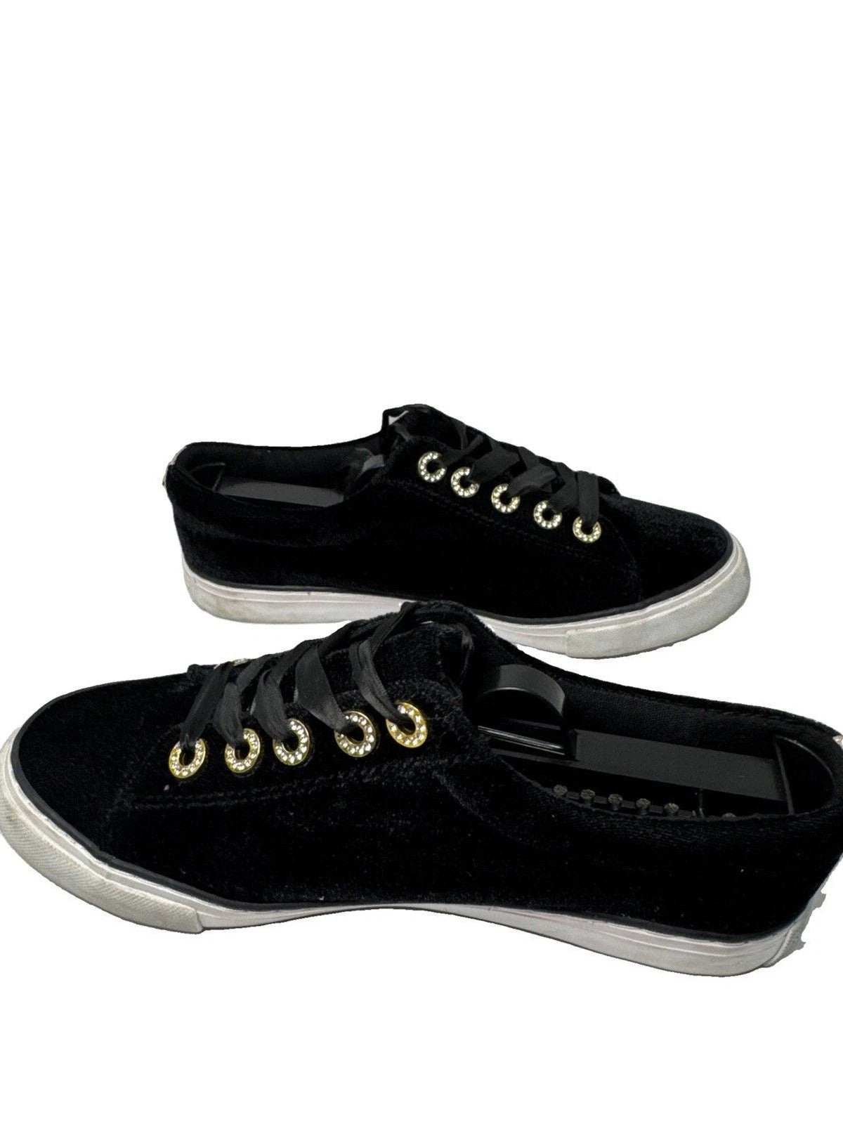 Lilly Pulitzer Black Velvet Sneakers Women 7.5 Gold Rhinestone Ribbon Lace