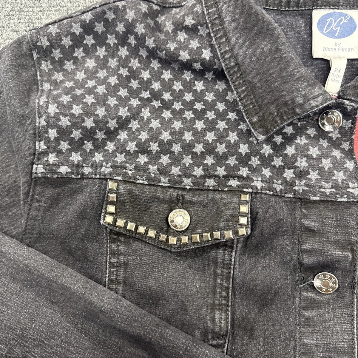 DG2 Diane Gilman Womens 2X American Flag Denim Jacket Black Studded Patriotic