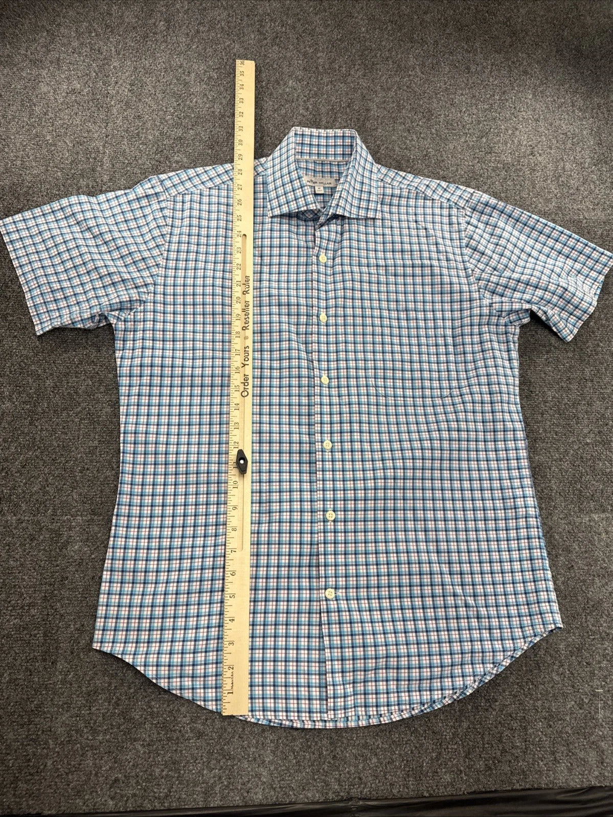 Peter Millar Plaid Button Front Shirt Men’s Medium Blue Pink Short Sleeve