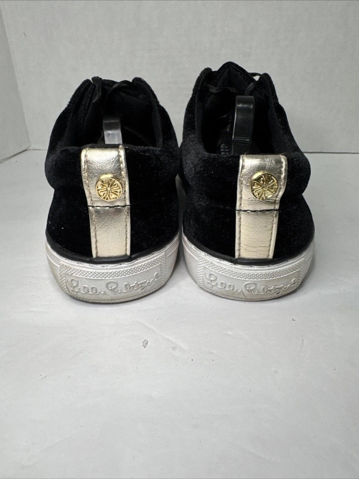 Lilly Pulitzer Black Velvet Sneakers Women 7.5 Gold Rhinestone Ribbon Lace