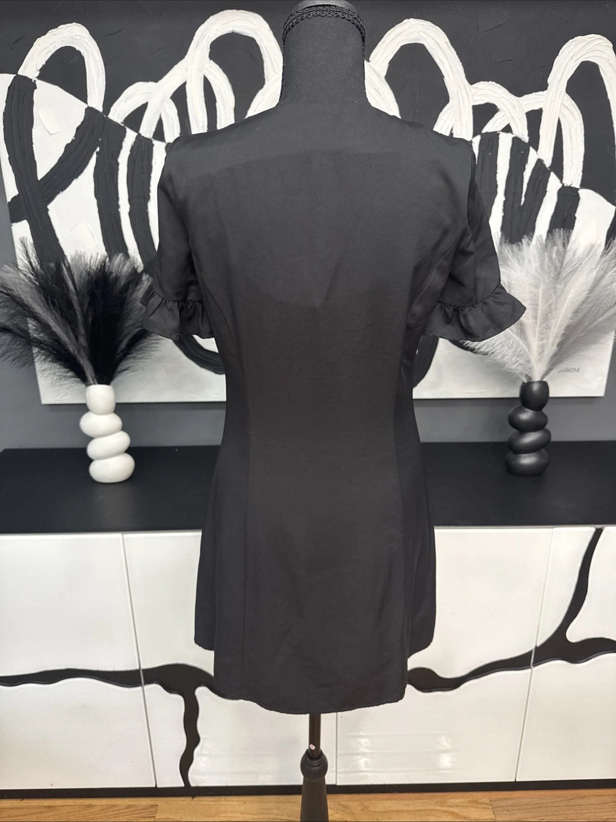 TRF Collection Black Button Front Mini Dress Women’s 8 Puff Sleeve Cottagecore