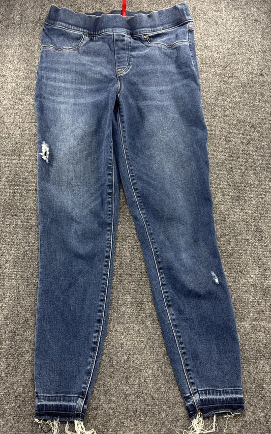 SPANX Distressed Skinny Jeans Womens M Medium Wash Pull On Raw Hem Stretch Denim