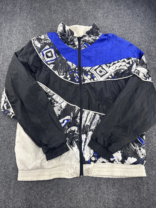 Vintage 90s Sunterra Petite Windbreaker Jacket Black Blue Geometric Colorblock