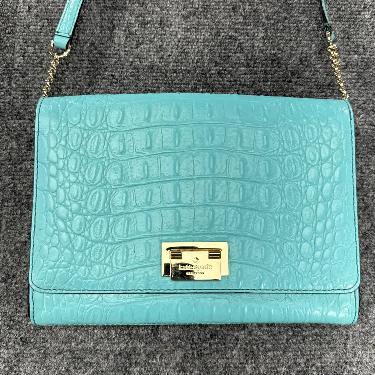 Kate Spade New York Turquoise Croc Embossed Leather Crossbody Clutch Purse