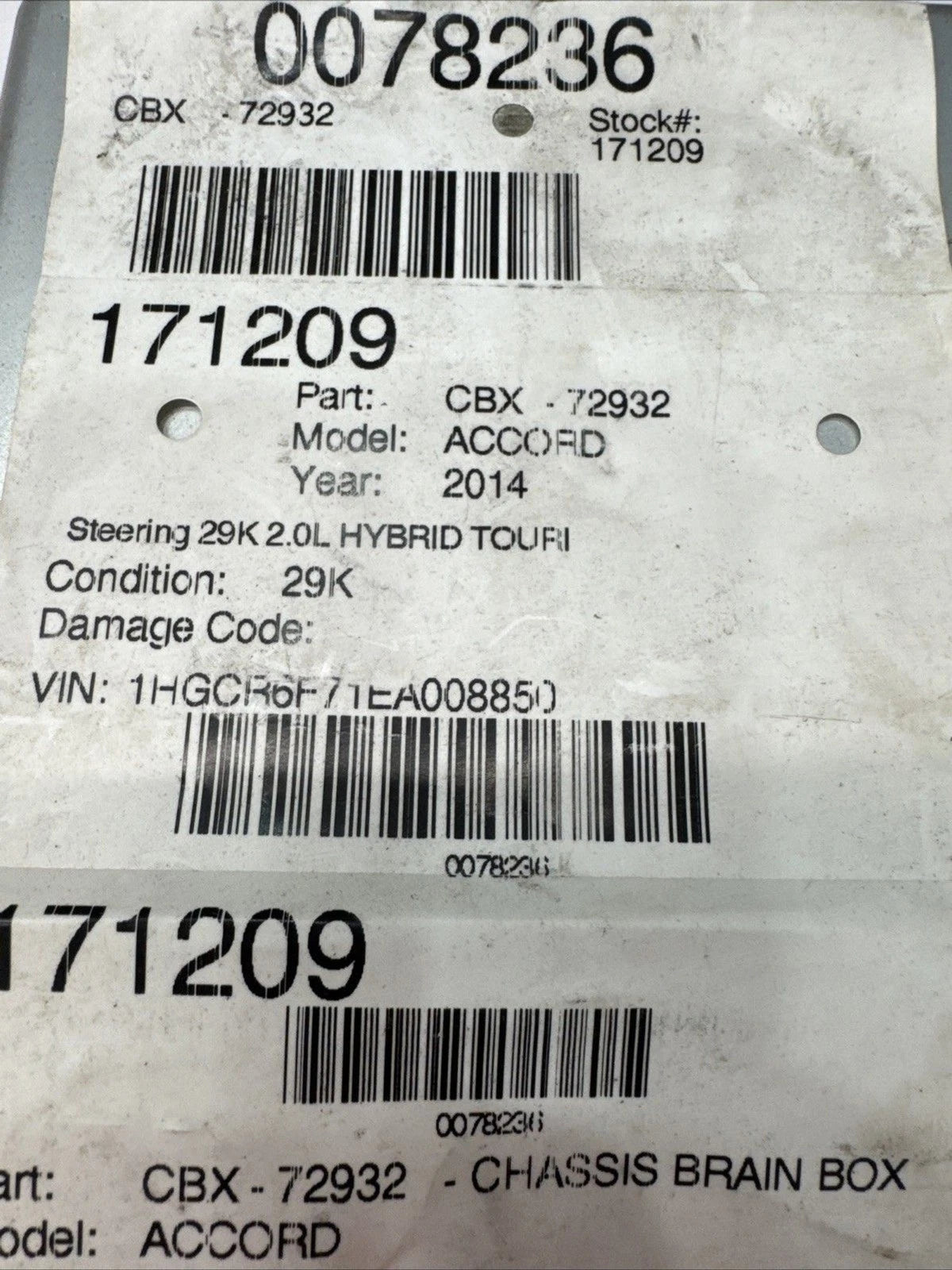 2014 Honda Accord Hybrid Brake Control Module OEM 39790-T3W-A0 29K Miles