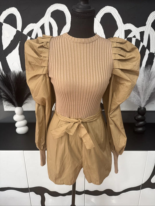 Missguided Taupe Balloon Sleeve Knit Playsuit Romper Women’s US 4 NWT