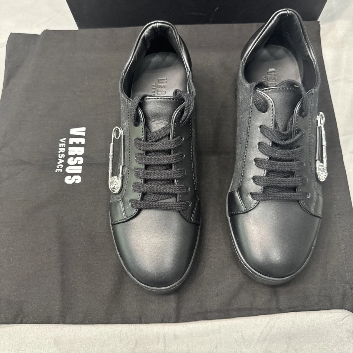 Versace Versus Lionhead Safety Pin Black Fabric & Leather Sneaker Size 36 US 6