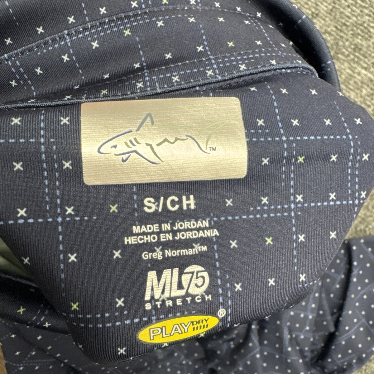 Greg Norman ML75 Stretch Golf Polo Mens S Navy Geometric PlayDry Shirt BNWOT