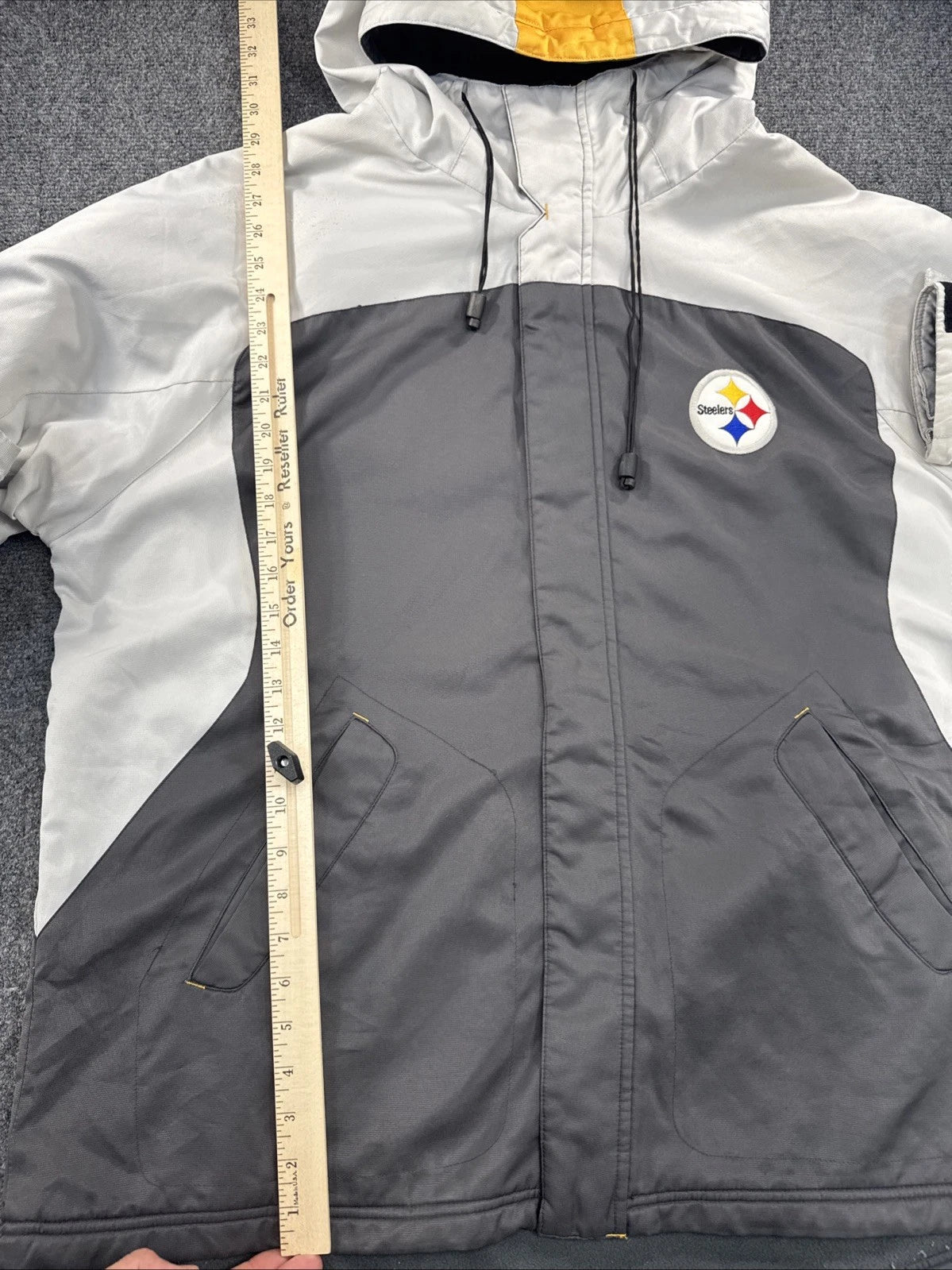 Reebok Pittsburgh Steelers Jacket Mens XL Hooded Fleece Lined Gray White Yellow