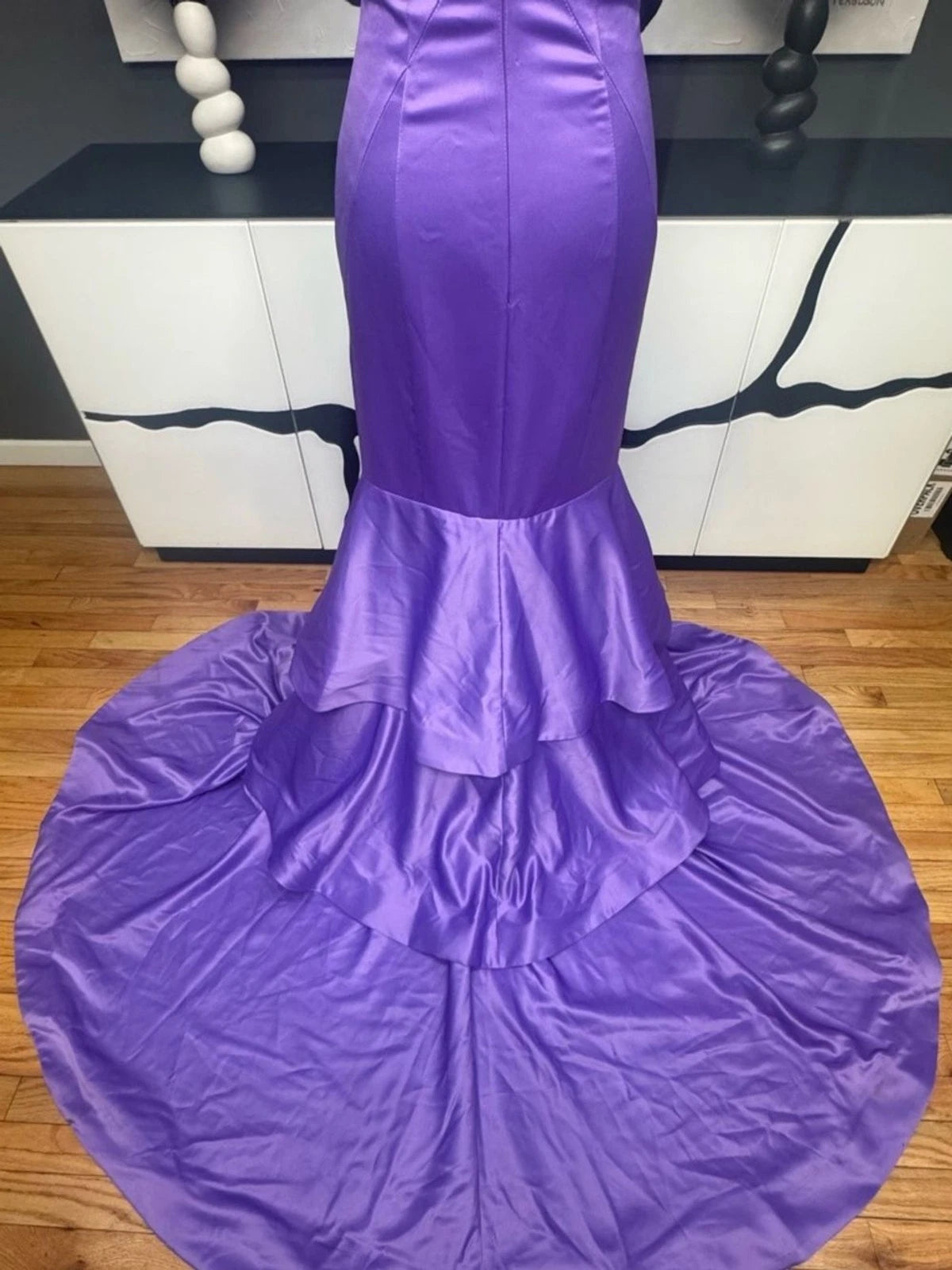Rachel Allan Purple Satin Mermaid Gown Size 2 Pearl Strap Prom Dress Train