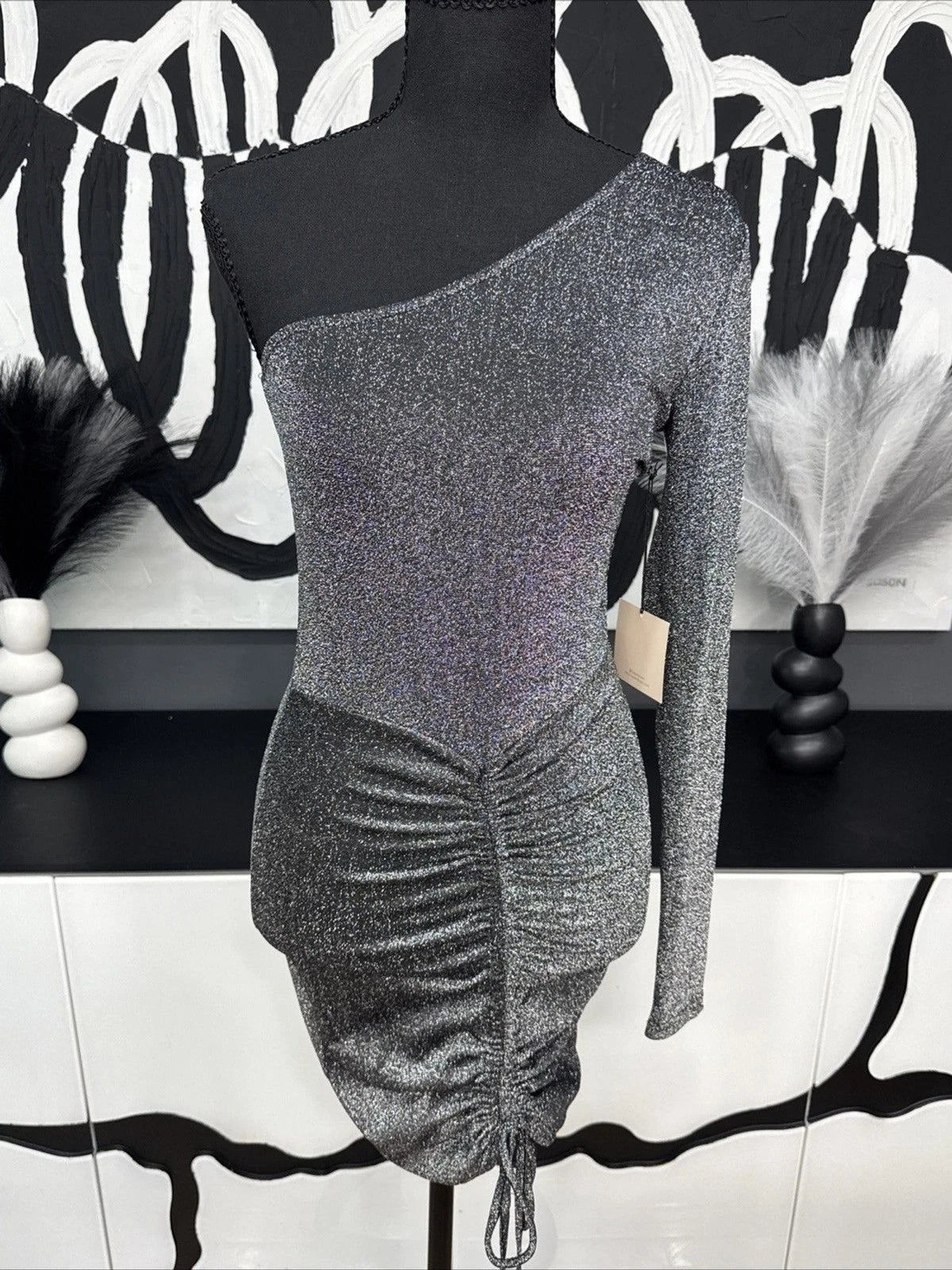 Superdown Silver Metallic One Shoulder Ruched Party Cocktail Mini Dress Womens S